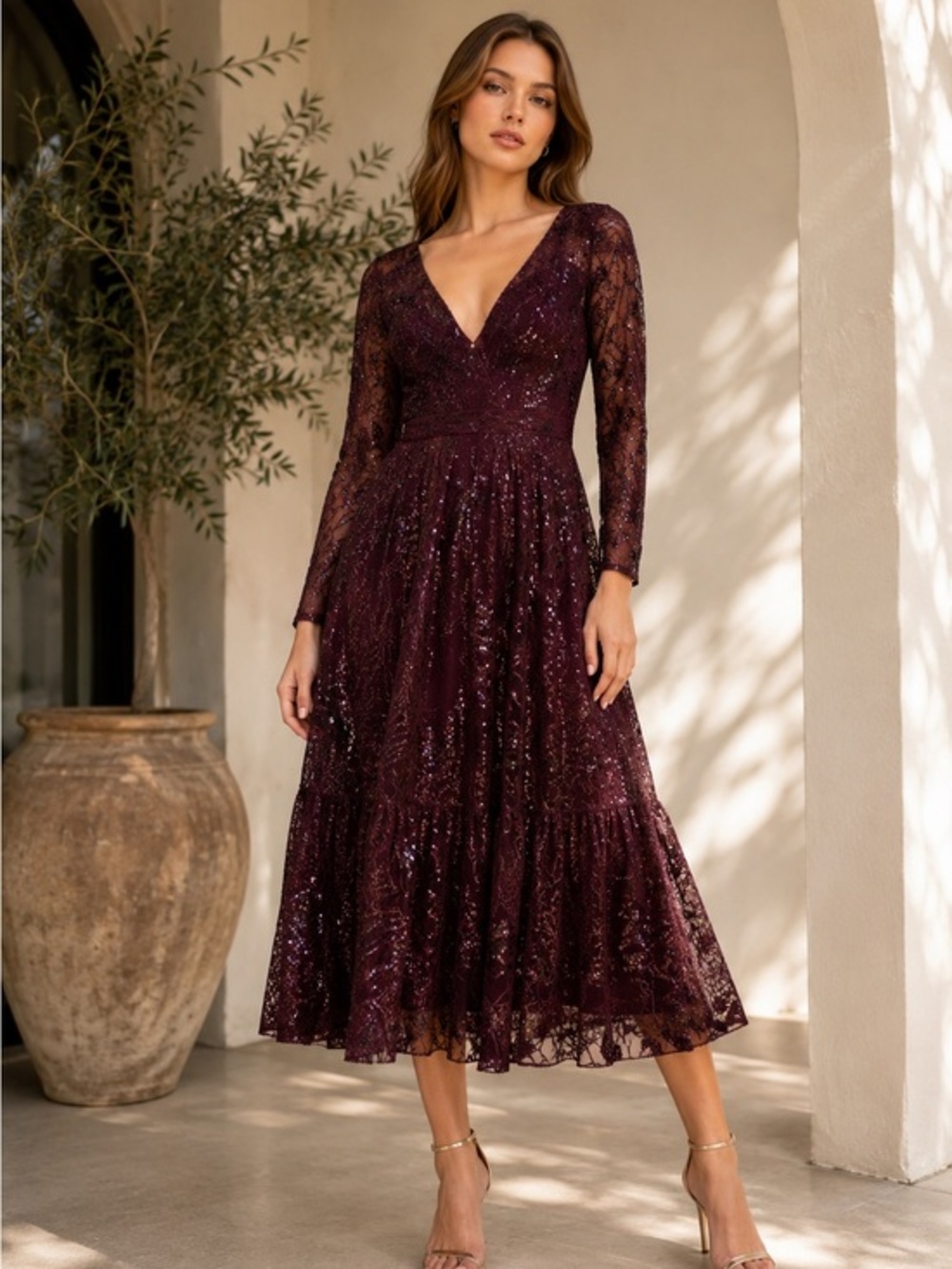 Mac Duggal Burgundy Sequin Lace Size 2 Midi Dress Dark Academia NWT